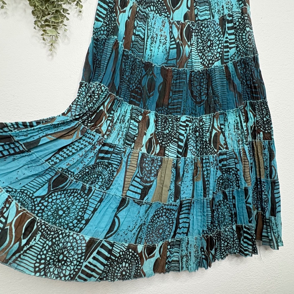 Sunny Leigh Turquoise Brown Abstract Tribal Tiered Maxi Skirt XL Boho Geometric - Picture 3 of 7